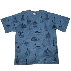 Vintage 90s Art Unlimited Lighthouse AOP All Over Lighthouses Tee Blue Md